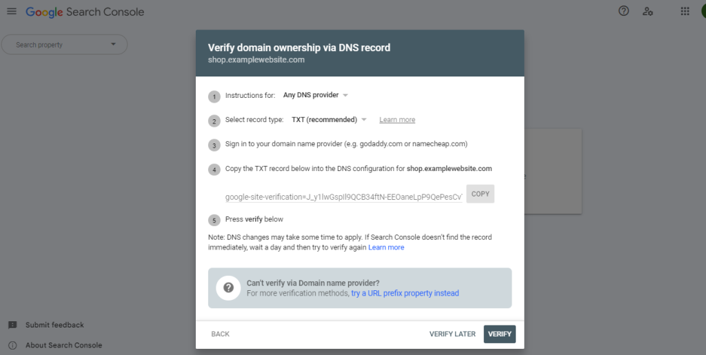 How to Set Up Google Search Console and Verify your Site Ownership? 4 Verification via a Domain Property