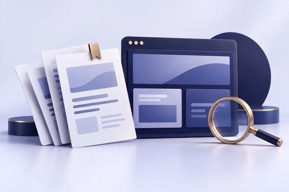 Case-study illustration showing documents, a browser and a magnifying glass
