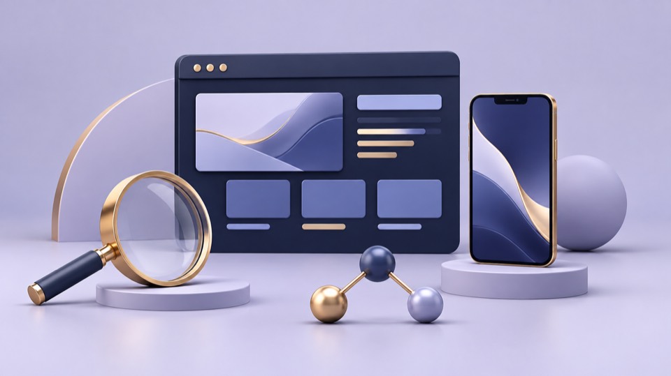 Illustration of a website, smartphone and magnifying glass
