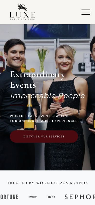 Website Design - Actual Luxury Event Staffing homepage captured at a 390-pixel mobile viewport Actual Luxury Event Staffing homepage captured at a 390-pixel mobile viewport