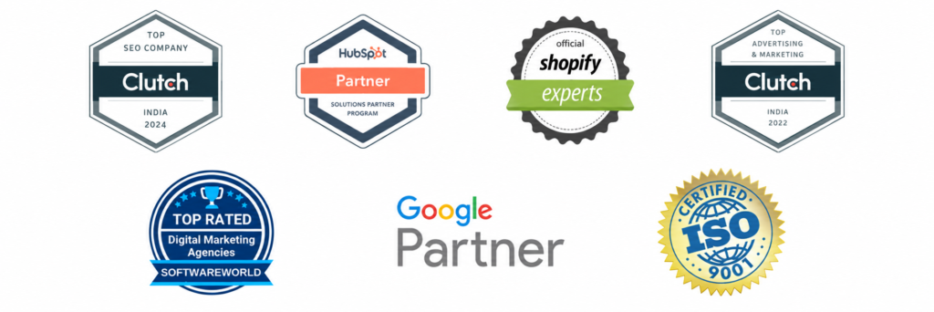 Clutch awards, HubSpot and Shopify expertise, Google Partner and other company credentials